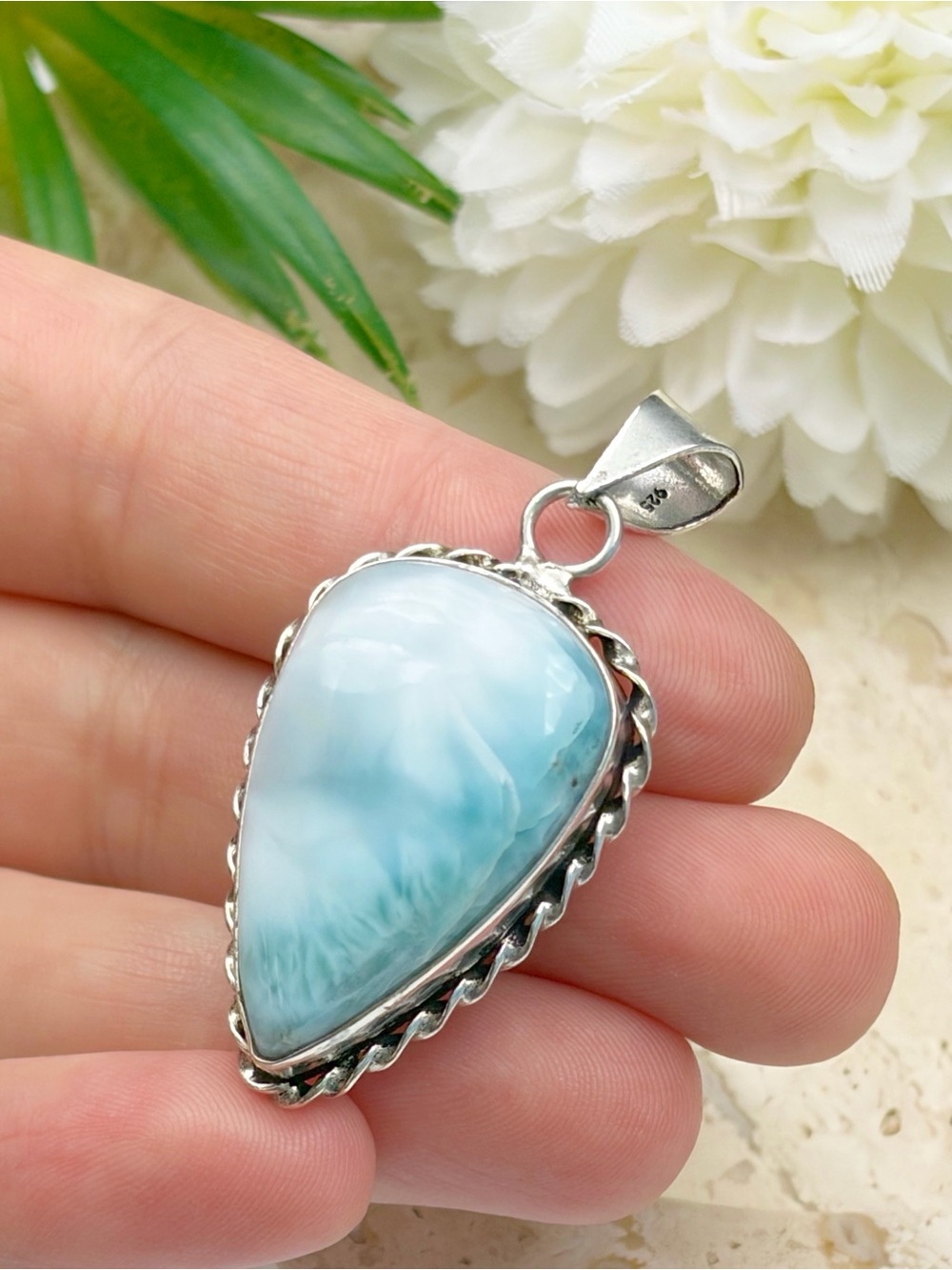 Chunky Larimar Gemstone Pendant Pear Teardrop Boho Southwest Vintage Style 925